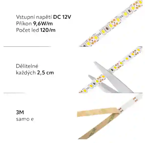 Detail LED pásku SQ3-600 2835 SMD 8mm šířka s 3M samolepící páskou a vyznačenými místy dělení 2,5cm